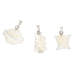 Pendant mix, mother-of-pearl shell (bleached) antique silver-finished brass and steel 1pkg3,12mm-30x20mm mixed shapes.