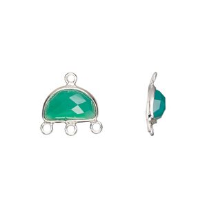 Drop, sterling silver and green onyx (dyed), 13x9mm hand-cut single-sided faceted half moon with 3 closed loops, Mohs hardness 6-1/2 to 7. Sold individually.