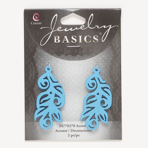 Focal 1pkg2, wood, blue, 41x21mm top-drilled feather with cutout design.