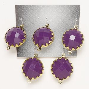 Link, acrylic and gold-finished "pewter" (zinc-based alloy), opaque purple, 18mm double-sided faceted round. Sold per pkg of 5.
