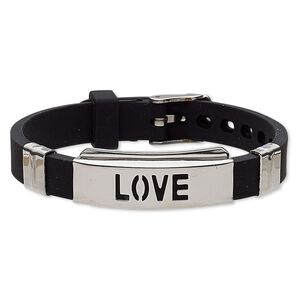 Bracelet, Softique&trade;, silicone and stainless steel, black, 16mm wide with 39x16mm curved rectangle and cutout "LOVE," adjustable from 5-1/2 to 7-1/2 inches with buckle-style closure. Sold individually.