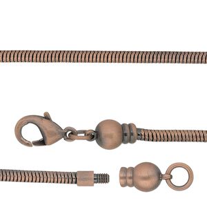Chain 1pkg1 copper-plated snake, 2.6mm / lobster claw clasp / fits 3.5-6mm hole, Dione&reg; antique brass 30 inch