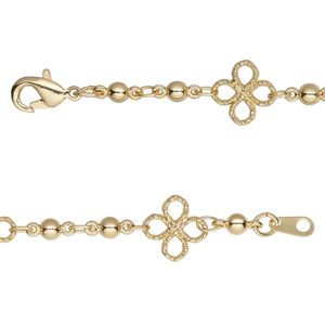 Chain 1pkg1 beaded & clover, 3mm / 8mm filigree / lobster claw clasp, gold-finished brass 24 inch