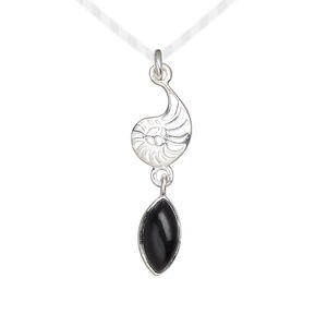 Drop 1pkg1, antiqued sterling silver and black onyx, 26x8mm nautilus