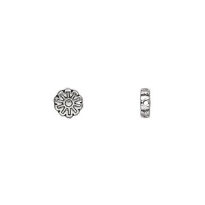Bead 1pkg100 silver-plated "pewter", 6mm flower / sun / 2sided, antique