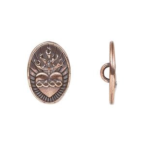 Button, TierraCast&reg;, antique copper-plated pewter, 19x13mm oval with sacred heart and closed loop. Sold per pkg of 20.