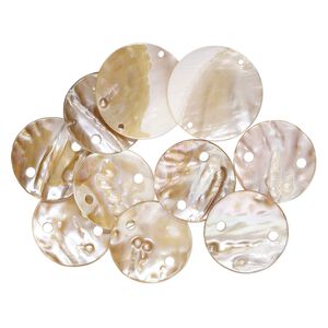 Focal, blister pearl shell (natural / bleached), 45-51mm round with 2 holes, Mohs hardness 3-1/2. Sold per pkg of 10.