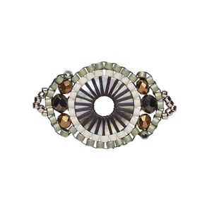 Link, Creative Touch, glass, white / copper / pale green, 25x18mm double-sided fancy oval. Sold individually.