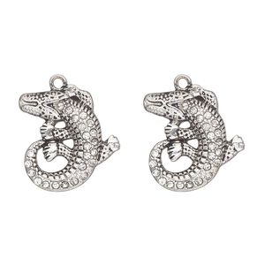 Charm, antique silver-finished "pewter" (zinc-based alloy) and glass, clear, 23x21mm single-sided alligator. Sold per pkg of 2.
