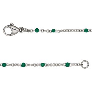 Chain 1pkg1 cable, 1.7mm flat / 2mm ball / lobster claw clasp, stainless steel / green enamel 16 inch