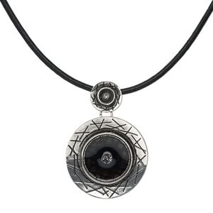 Necklace, antique silver-plated "pewter" (zinc-based alloy) and steel / leather / epoxy / crystal rhinestones, black and crystal clear, 40mm round with smooth leather cord, 18 inches with lobster claw clasp with 3-inch extender chain. Sold individually.