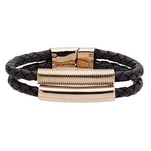 Bracelet, leather (dyed) and rose gold-finished stainless steel, black, 17mm wide with 40x9mm round tube, 6 inches with magnetic slide clasp. Sold individually.