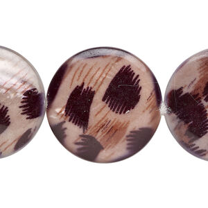 Mother-of-pearl shell 1pkg1, puffed flat round / cheetah print decal bead 15 inch tan /brown / black 24-25mm