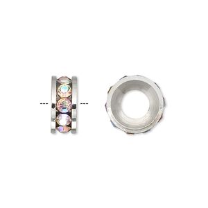 Bead 1pkg2 silver-plated, 12x5mm rondelle, brass / Czech crystal / crystal clear AB Dione&reg;