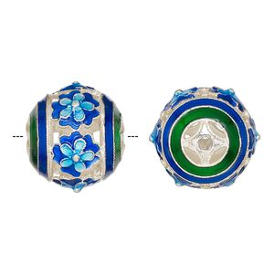 Bead 1pkg1 silver-finished, 19mm round / flower / cutout, brass / enamel / multi-blue & green