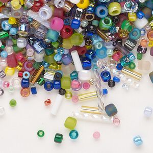 Bead, seed bead and bugle bead, glass, pkg/100 g, 15/0 to 6/0 round, mixed colors.