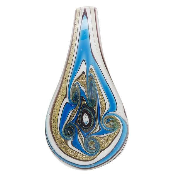 Focal, lampworked glass 1pkg1, opaque multicolored with copper-colored glitter, 64x33mm single-sided spoon with flower design. image number 0