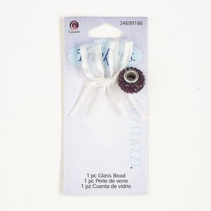 Bead, silver-finished brass and glass, purple and black, 15x9mm rondelle with ribbon. Sold individually.