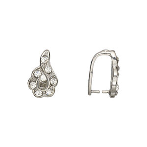 Bail, ice-pick, Egyptian glass rhinestone and imitation rhodium-plated brass, clear, 14x9mm flower, 11mm grip length. Sold per pkg of 6.