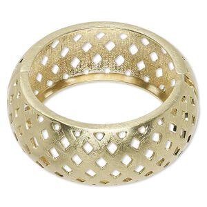Bracelet, hinged bangle, gold-finished steel and "pewter" (zinc-based alloy), 29.5mm wide brushed band with cutout basket weave design, 7 inches. Sold individually.