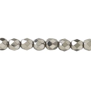 Bead, fire-polished, metallic grey glass, opaque clear, 6mm faceted round. Sold per 1 mass, approximately 1,200 beads.