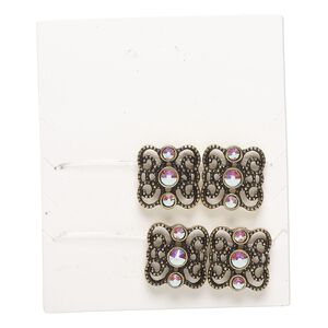 Bead spacer 1pkg4 gold-finished "pewter", 16x15mm fancy square / fits up to 8.5mm round, glass clear AB antique 2-strand