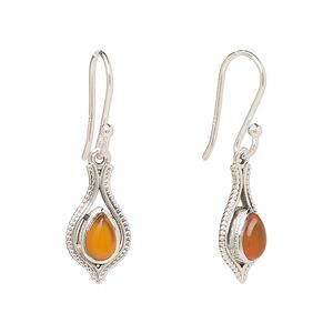 Earring, Create Compliments&reg;, antiqued sterling silver and carnelian (dyed/heated), fishhook, 29.5mm with 15x9mm single-sided open beaded teardrop, 21 gauge. Sold per pair.
