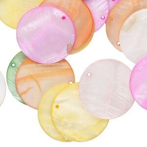 Focal mix, mother-of-pearl shell (bleached / dyed) 1pkg100, mixed colors, 30mm flat round.