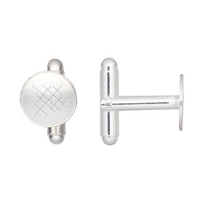 Cuff link, silver-finished brass, 12mm flat round pad. Sold per pkg of 2 pairs.