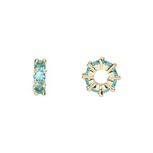 Bead 1pkg2 gold-plated, 10.5x3.5mm rondelle, brass / aqua cubic zirconia