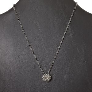 Necklace, gunmetal-finished "pewter" (zinc-based alloy) and steel with glass rhinestone, black diamond, 15mm domed half round, 15" to 16" necklace with lobster claw clasp and 3-inch extender chain. Sold individually.