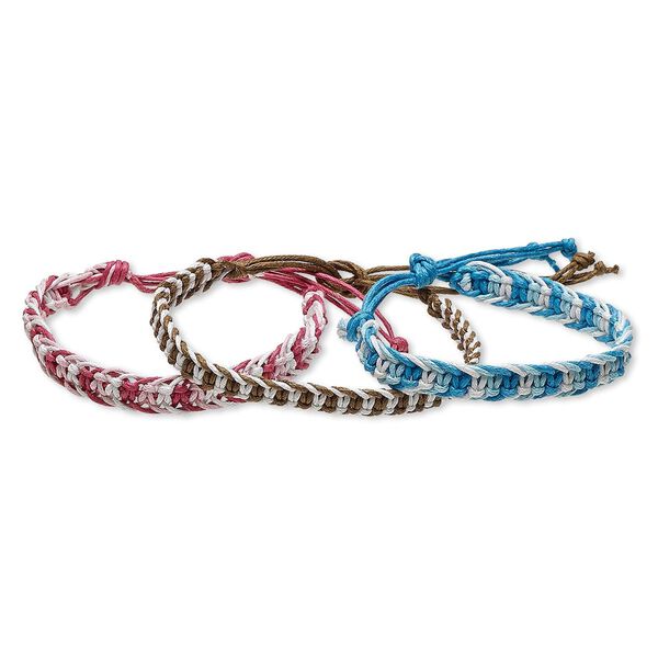 Bracelet, waxed cotton cord, assorted colors, 8mm wide with macram&eacute; design, adjustable from 6-1/2 to 9 inches with tie closure. Sold per pkg of 3. image number 0