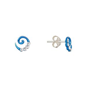 Earstud, Create Compliments&reg;, enamel and sterling silver, blue, 7mm swirl. Sold per pair.