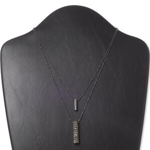 Necklace, 2-strand, glass rhinestone and gunmetal-finished "pewter" (zinc-based alloy), smoke, 32x7mm and 16x4mm cylinder, 16 inches with 3-inch extender chain and lobster claw clasp. Sold individually.
