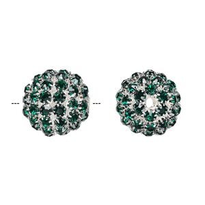Bead 1pkg1 silver-finished, 27mm ball / 5mm chatons, brass / emerald green rhinestone
