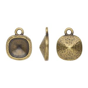 Drop, TierraCast&reg;, Almost Instant Jewelry&reg;, antique brass-plated pewter (tin-based alloy), 13mm hammered square with 10mm cushion glue-in setting (4470). Sold per pkg of 20.