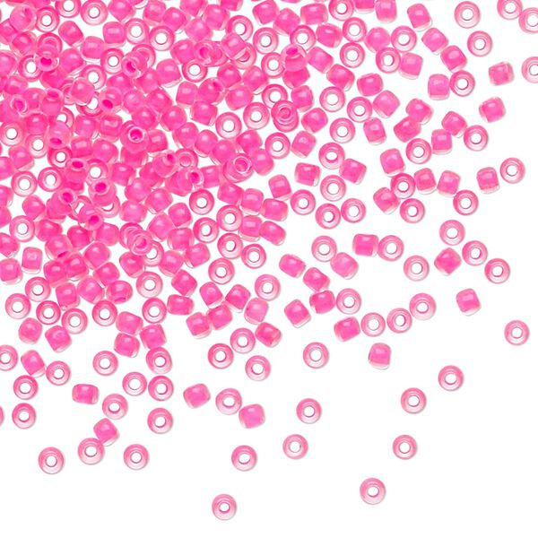 Seed bead, TOHO BEADS&reg;, glass, pkg/250g, #11 round, opaque matte neon pink-lined crystal clear (TR-11-971). image number 0
