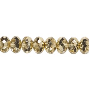 Bead, Czech fire-polished glass, transparent metallic pale gold, 9x5mm faceted rondelle. Sold per 15-1/2" to 16" strand.