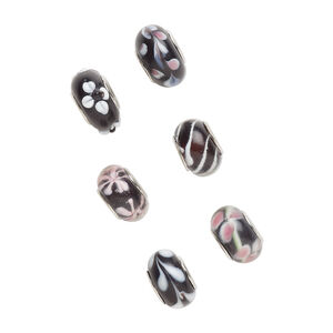 Bead, Dione&reg;, lampworked glass and imitation rhodium-plated brass grommets, transparent black and opaque multicolored, 12x8mm-16x9mm rondelle with assorted designs. Sold per pkg of 6.