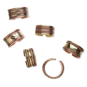 Ring assortment 1pkg6 copper and brass, 9-11mm wide, adjustable from size 6 to 8.