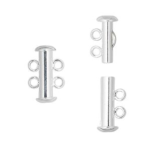 Clasp slide lock 1pkg10 silver-plated, 16x6mm tube, brass 2-strand