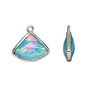 Drop, Opalized Ice&trade;, "opal" (resin) and imitation rhodium-finished brass, opaque light blue, 19x15mm double-sided fan. Sold per pkg of 4.