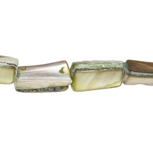Mother-of-pearl shell 1pkg1, stick bead 15 inch green / tan 12x8mm-15x11mm