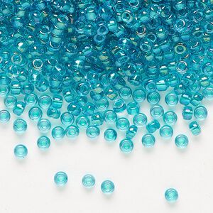 Seed bead, Miyuki, glass, pkg/50g, #8 rocaille, translucent teal-lined luster crystal clear (RR-3742).