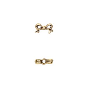 Bead, pewter (tin-based alloy), pkg/1, antique gold plate, 9x5mm double-sided bow, fits 4mm cube.