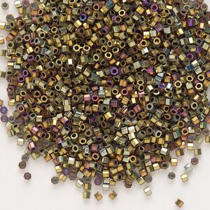 Seed bead, Delica&reg;, glass, pkg/7.5g, #11 cut, opaque nickel-plated golden olive iris (DBC-0029).
