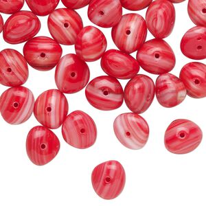 Bead, Czech glass, translucent red and white, 9x7mm-9x8mm freeform rondelle with swirl design. Sold per 1-ounce pkg, approximately 60 beads.
