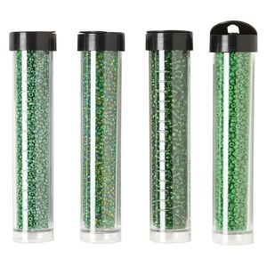 Seed bead assortment, Ming Tree&trade;, glass, pkg/(4) 4 x 3/4 inch vials, #11 round, opaque and translucent silver-lined rainbow green.