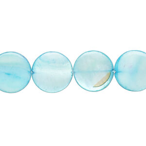Mother-of-pearl shell 1pkg1, puffed flat round bead 15 inch blue 12-13mm