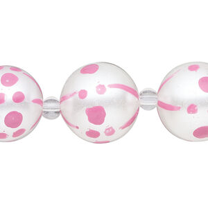 Bead, glass 1pkg8, opaque pink and white, 16mm hand-painted round.